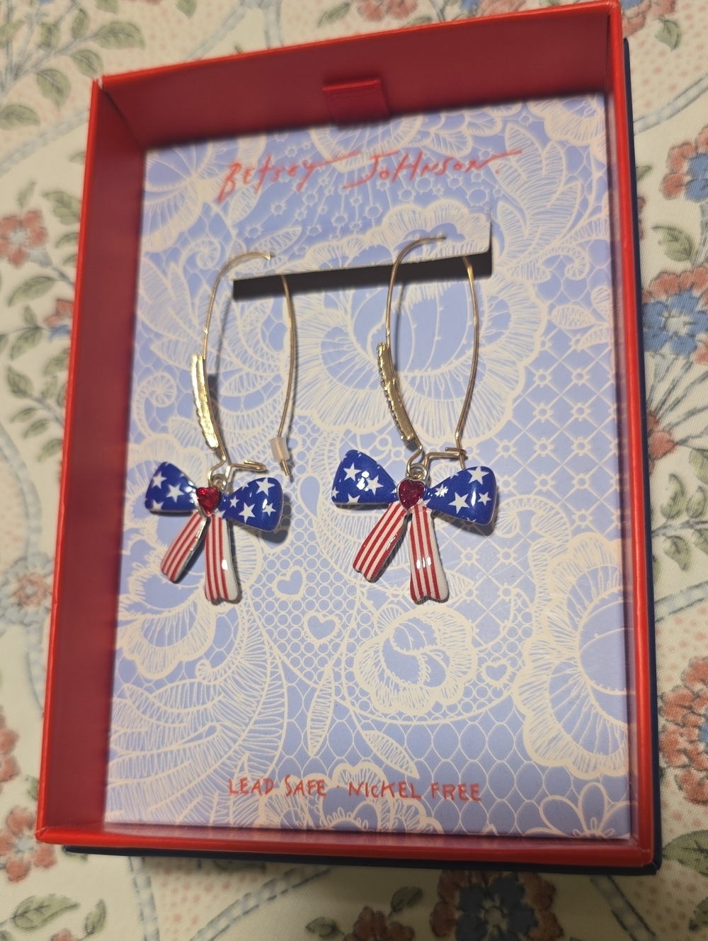 Betsey Johnson Red, White & Blue Star Bow Drop Earrings